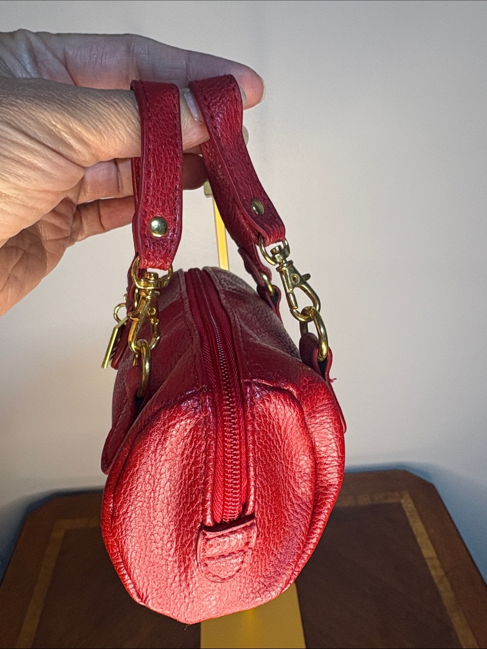 Micro Red Leather Satchel Handbag with Gold Hardware - Picture 3 of 5